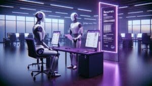 Bureau Futuriste Violet Robots IA Analyse CV Recrutement Technologie Avancee