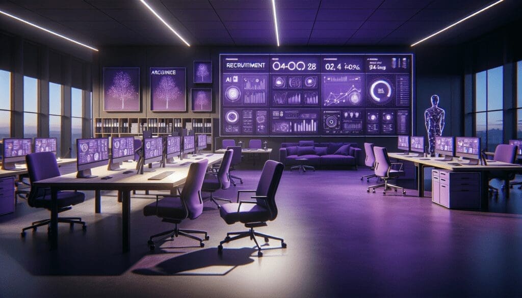 Bureau Technologique Violet Avec Ecrans Intelligence Artificielle Analyse Recrutement Style Realiste