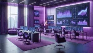 Bureau moderne theme violet meubles contemporains ecrans ordinateur analyse performance intelligence artificielle