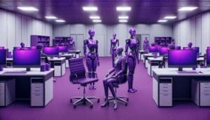 Bureau Professionnel Violet Avec Robots AI Conduisant Entretiens Embauche