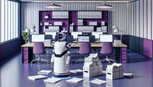 Bureau contemporain pourpre avec robots autonomes triant documents ressources humaines.jpeg