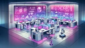 bureau futuriste technologie automation cartoon rose violet blanc robots holographes interfaces numeriques eclairage dynamique.jpg