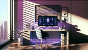 bureau moderne lumiere violette ordinateur avec logiciel recrutement intelligence artificielle jeu ombres stores