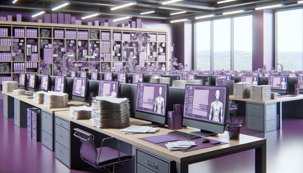 bureau violet avec equipement IA examinant CV ambiance productive eclairage naturel.jpeg