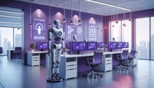 bureau violet moderne avec robots high tech optimisant fonctions ressources humaines