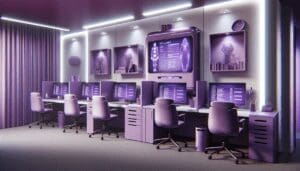 bureau violet style realiste avec ordinateurs intelligence artificielle analysant curriculum vitae recrutement avance chaises ergonomiques fournitures de bureau decoration murale lumiere blanche douce atmosphere professionnelle.jpeg