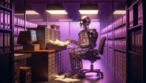 robot technologique triant des documents ressources humaines dans un bureau violet chaleureux.jpeg