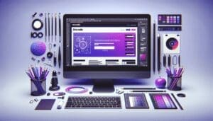 Créez une image réaliste en 4K illustrant un design de site web NoCode avec un schéma de couleurs violet et blanc. Ce design est affiché sur un écran d'ordinateur entouré d'une variété d'outils d'art numérique. Les outils d'art numérique doivent être divers et visuellement distincts, représentant les différentes étapes du processus de création d'art numérique. - AUTOMATISATION