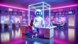 Imaginez un espace de travail futuriste de style dessin animé peint principalement en nuances de rose, violet et blanc. Ce bureau du 21ème siècle accueille une artiste numérique latine, qui est profondément absorbée par son travail. Elle conçoit une IA de chatbot qui se démarque, projetée sur un grand écran holographique vibrant et translucide. La pièce est remplie de gadgets technologiques avancés - un témoignage de l'ère axée sur la technologie. L'environnement global est imaginatif et expansif, impliquant d'innombrables possibilités pour la créativité et l'innovation.