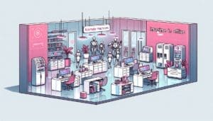 Imaginez un environnement de bureau futuriste illustré dans un style de dessin animé. Le schéma de couleurs principales comprend des nuances de rose, violet et blanc. La scène représente une variété de machines automatisées effectuant efficacement une gamme d'opérations. Cet espace de bureau innovant comprend plusieurs fonctionnalités avancées comme des machines à café automatiques, des photocopieurs de pointe, des postes de travail collaboratifs élégants et des systèmes de nettoyage robotisés. Le décor est ludique mais sophistiqué, capturant l'essence d'un lieu de travail moderne dans un monde futur.