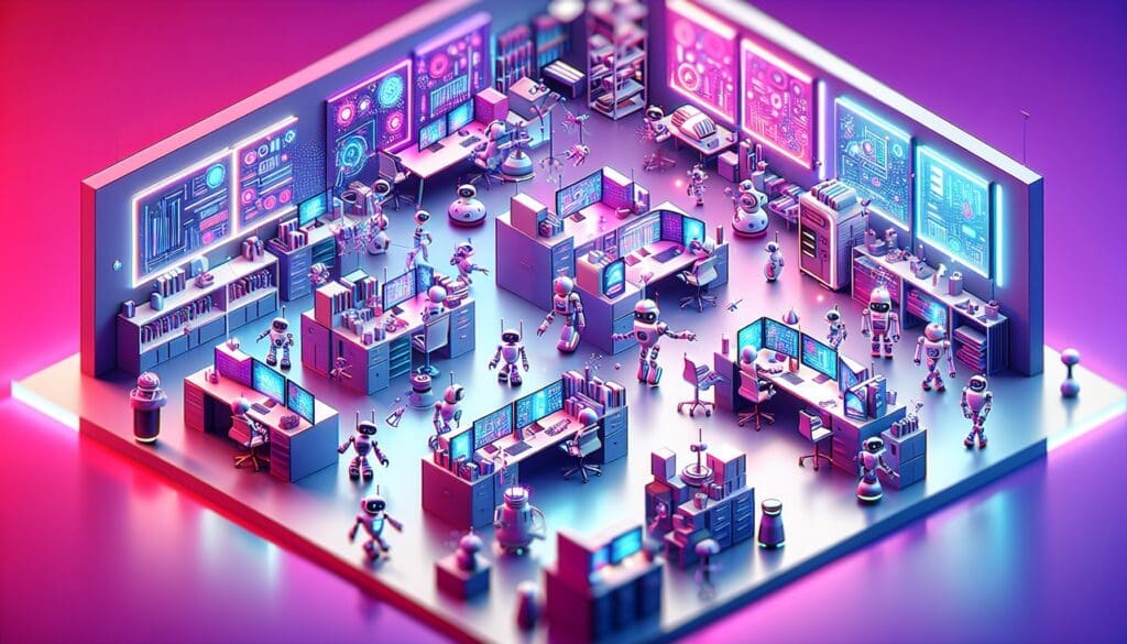 Une représentation visuelle d'un bureau futuriste aux éblouissantes nuances de rose, violet et blanc. Le bureau se targue d'une esthétique vivante de style cartoon. Des robots de différentes conceptions et fonctionnalités sont activement engagés dans une variété de tâches, améliorant la productivité de cet espace de travail innovant. Certains des robots se concentrent sur l'automatisation des données, d'autres manipulent du matériel de bureau, d'autres encore sont dédiés à faciliter la collaboration et la communication. L'interaction des couleurs vibrantes et l'énergie bourdonnante de l'activité robotique créent une ambiance futuriste attrayante.