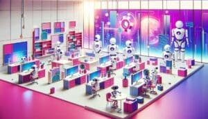 Créez une visualisation conceptuelle mettant en scène un bureau de style dessin animé situé dans un temps lointain et futuriste. La palette principale devrait être composée de riches nuances de rose, violet et blanc laiteux. Éparpillés dans tout le bureau, on trouve des robots IA, représentés avec des esthétiques modernes et épurées. Ces robots devraient s'engager dans des activités symbolisant la résolution des défis commerciaux, comme travailler sur des puzzles surdimensionnés ou d'autres tâches métaphoriques liées à la résolution de problèmes et au développement de stratégie. Mettez l'accent sur les outils et méthodes dynamiques et innovantes que ces robots IA futuristes utilisent dans ce paysage d'entreprise coloré et imaginatif.