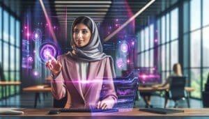 Une femme d'affaires du Moyen-Orient située dans un bureau futuriste de pointe dans un environnement d'entreprise, totalement engagée avec une interface IA holographique scintillant en teintes de rose et de violet. Elle démontre une utilisation efficace et une maîtrise de la technologie, contribuant positivement au progrès et à la productivité de son travail. Le bureau est équipé de technologie avancée, qui est clairement conçue pour être conviviale et efficace, offrant une intégration transparente pour des opérations commerciales holistiques.