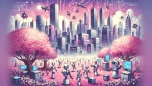 Produisez une image futuriste, de style dessin animé, en 8K. La scène devrait être grouillante d'un horizon urbain en plein essor, représenté comme un hub d'affaires. Incluez des robots d'intelligence artificielle qui s'affairent à diverses tâches. Parsemez le paysage de dispositifs technologiques innovants, renforçant la sensation d'une civilisation avancée. La palette de couleurs dominante devrait englober des nuances de rose, de violet et de blanc, infusant toute la scène avec un sentiment de mystique d'un autre monde.