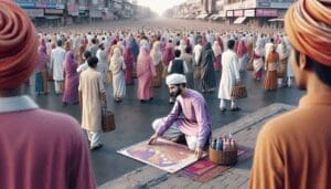 Une image détaillée et réaliste en 4K d'un marketeur traditionnel, un homme d'Asie du Sud habillé en rose, blanc et violet, plaçant une publicité dans une place publique animée remplie de personnes de différents genres et origines. Le marketeur est avantageusement impliqué dans son travail, disposant son annonce avec soin et attention, tandis que la vie urbaine diversifiée se déroule autour de lui. - AUTOMATISATION