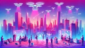 Imaginez une scène d'un paysage urbain futuriste teinté de tons de rose et de violet, où les gratte-ciel perforent l'horizon. Parmi ces structures, on peut apercevoir des drones blancs qui sillonnent le ciel, transportant efficacement des colis vers diverses destinations. Sur le sol, des figures humaines de dessins animés de différentes origines et sexes, engagées dans des activités commerciales, sont visibles. Ils interagissent activement avec des interfaces d'IA holographiques qui émettent des visuels vibrants et des données intuitives, contribuant à l'aura high-tech de ce monde futuriste extravagamment avancé.