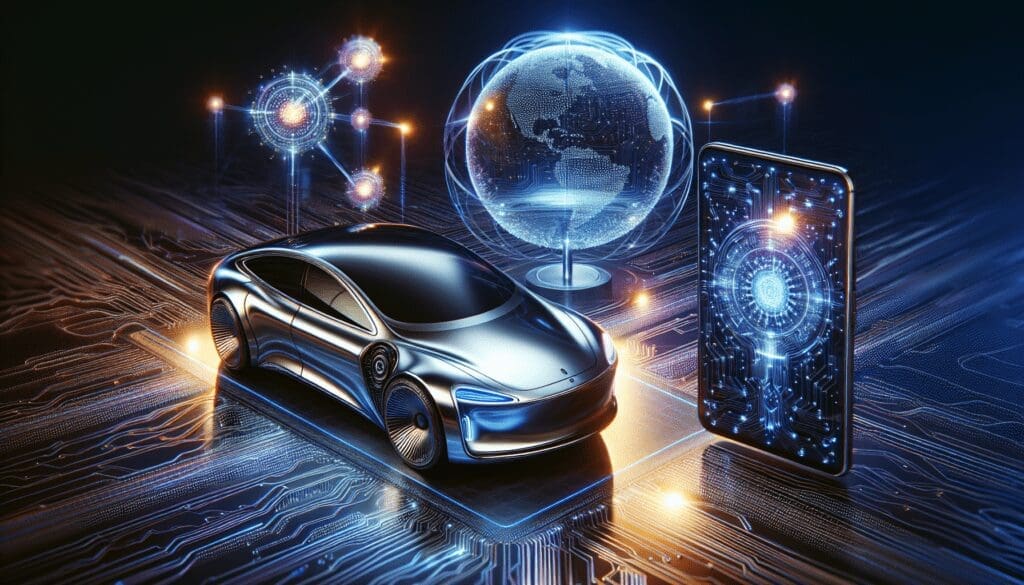 Une image haute définition dépeint avec vivacité plusieurs jalons technologiques. Le premier est une voiture autonome élégante, métallique et luisante, débordante de modernité, et subtilement accentuée de motifs de circuits complexes pour représenter l'intelligence artificielle. Le second est un smartphone de dernière génération, avec un écran rayonnant émettant une lumière douce et de petits réseaux neuronaux lumineux incrustés en arrière-plan. Le troisième est un globe symbolique, représentant l'internet, composé de centaines de nœuds interconnectés émettant une lumière douce, pour personnifier le concept de connectivité globale. L'ensemble de la scène est imprégné d'éléments subtils qui suggèrent l'omniprésence de l'intelligence artificielle, tels que des motifs de circuits et des réseaux neuronaux. - AUTOMATISATION