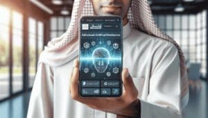 Un individu du Moyen-Orient tenant un smartphone générique, avec un site web affiché qui met en avant de manière proéminente des recherches avancées en Intelligence Artificielle sur sa page d'accueil. L'arrière-plan est lumineux et vivant, offrant un contraste élevé et une qualité ultra-HD tout en conservant une simplicité agréable. - AUTOMATISATION