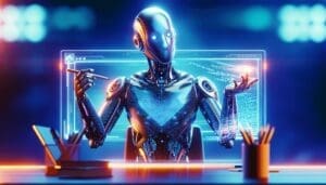 Créez une représentation numérique de qualité ultra HD d'une silhouette robotique élégante et futuriste, sans genre et de type caucasien, nommée ChatGPT. L'imagerie doit représenter le robot assis à un bureau, interagissant avec un écran lumineux, produisant du texte de haute qualité. Assurez-vous qu'il y ait un contraste net dans l'image, avec des couleurs vives et éclatantes pour une représentation efficace de cette entité moderne. - AUTOMATISATION