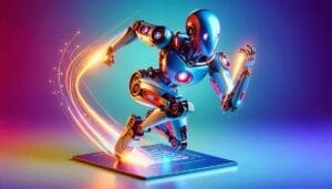 Créez une image en qualité ultra HD d'un robot futuriste au design vibrant et élégant nommé Midjourney. Ce robot est présenté dans une pose dynamique pour signifier ses capacités supérieures de génération de texte en image. Assurez-vous d'utiliser des couleurs vives et éclatantes avec un contraste net pour mettre davantage en évidence son design avancé. L'arrière-plan doit être simple, contribuant à la scène mais sans distraire de l'élément principal qui est l'impressionnant robot IA. - AUTOMATISATION