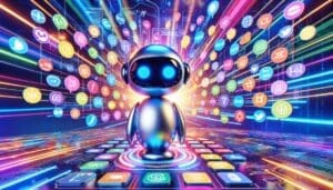 Un chatbot au design élégant se trouve au milieu d'icônes multicolores et vibrantes, chacune représentant une langue distincte. L'arrière-plan est un spectacle exubérant de technologie moderne, brillamment illuminé pour souligner la scène avancée et high-tech. Le chatbot, à la fois accessible et désireux d'aider, incarne sa capacité à dialoguer par texte. - AUTOMATISATION