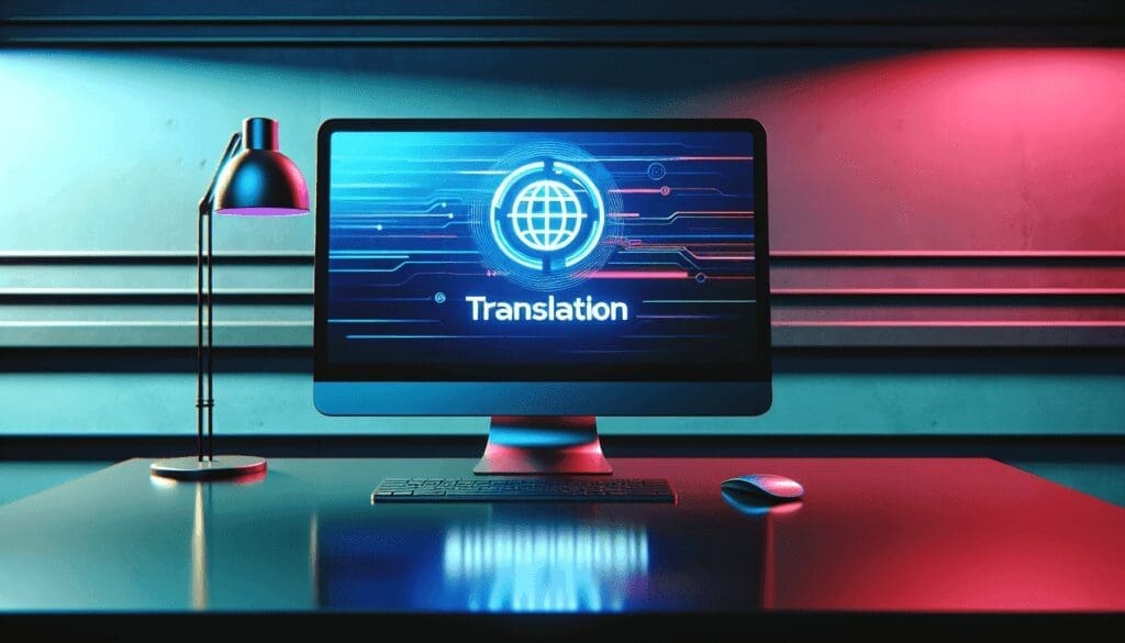 Un espace de travail numérique élégant et moderne qui comprend un écran d'ordinateur haute résolution et vibrant. L'écran met en avant de manière proéminente le logo d'une entreprise de technologie basée sur la traduction dont le nom n'est pas mentionné. L'arrière-plan doit être dynamique avec des couleurs contrastées mais pas excessivement détaillé, assurant que l'attention reste principalement sur l'écran d'ordinateur. - AUTOMATISATION