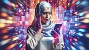 Visualisez une image d'une femme du Moyen-Orient exprimant la surprise tout en regardant intensément un smartphone qu'elle tient. L'environnement autour d'elle est imprégné d'éléments numérisés abstraits symbolisant l'intelligence artificielle. L'ambiance de la scène est vibrante, et l'arrière-plan charmant et lumineux, soulignant un décor moderne, fortement contrasté et alimenté par la technologie. - AUTOMATISATION