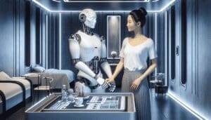 Visualisez une scène futuriste où une femme d'Asie de l'Est et un robot humanoïde se tiennent par la main, dans une chambre élégante et moderniste. L'environnement dégage un mélange de technologie de pointe subtilement entrelacée avec des aspects domestiques, évoquant une intégration harmonieuse des interactions humaines et robotiques. - AUTOMATISATION