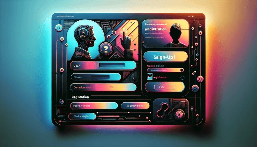 Une interface de site web attrayante et lumineuse avec un contraste audacieux, montrant un utilisateur complétant le processus d'inscription sur une plateforme de chat hypothétique alimentée par l'intelligence artificielle. L'arrière-plan est élégant et minimaliste dans sa conception, encadrant les étapes d'inscription mises en avant. Les teintes utilisées dans l'interface utilisateur sont vives et riches, facilitant la visibilité distincte des différents composants de l'interface. - AUTOMATISATION