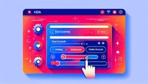 Illustrer une interface utilisateur en ultra haute définition avec le menu des paramètres ouvert. La section des contrôles de données doit être mise en évidence et le curseur doit être pointé vers l'option 'supprimer le compte'. L'arrière-plan doit être conçu avec des couleurs vives et éclatantes pour créer un contraste net avec le menu. - AUTOMATISATION