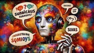 Un robot arborant une expression faciale perplexe, entouré de bulles de dialogue véhiculant des remarques sarcastiques, de l'humour subtil et des jeux de mots astucieux. L'arrière-plan est vibrant et coloré, affichant un contraste riche et des teintes vives. La mine déconcertée du robot reflète la complexité de la compréhension des subtilités délicates du langage. - AUTOMATISATION