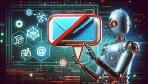 Un robot rendu numériquement affiche une bulle de parole avec une croix rouge sur une enveloppe de dessin animé, symbolisant le refus de demander des courriels. À l'arrière-plan, il y a des symboles ambigus illustrant la technologie algorithmique, l'intelligence artificielle et les entreprises technologiques de pointe, suggérant subtilement les leaders de premier plan dans le développement de l'IA. Le concept de cette image incarne l'avancement de l'industrie technologique que ces entreprises propulsent. Les couleurs utilisées dans l'image sont vives et contrastent fortement, améliorant la clarté et attirant l'attention. - AUTOMATISATION