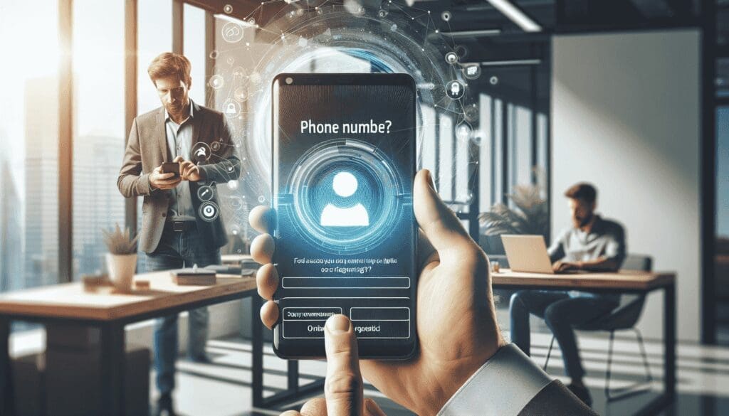 Générer une image d'un smartphone, tenu au premier plan, affichant un écran demandant la vérification du numéro de téléphone. Le téléphone doit avoir un design simple et minimaliste. L'arrière-plan doit représenter un environnement de bureau animé avec un employé caucasien utilisant activement un ordinateur portable. La scène dans son ensemble doit être lumineuse, pleine de vie et d'une clarté cristalline, manifestant une qualité ultra-haute définition et des couleurs vibrantes. - AUTOMATISATION