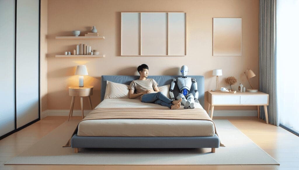 Créez une image d'une chambre au design minimaliste avec des murs de couleur pastel douce et un grand lit confortable occupant la place centrale. Sur le lit, un humain et un robot sont allongés de manière détendue. L'humain, un homme asiatique aux cheveux noirs courts, porte des vêtements décontractés de maison, et le robot a un corps argenté élégant avec des lumières LED bleues. L'atmosphère de la pièce semble chaleureuse et paisible. - Automatisation