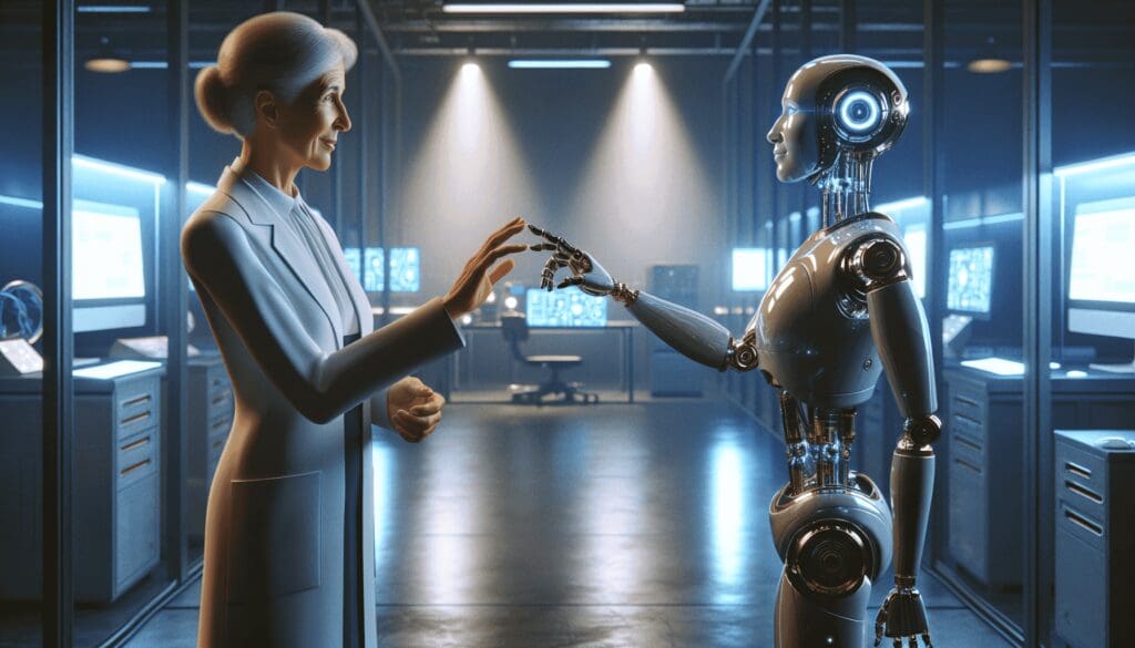 Une image représentant une collaboration futuriste entre humains et robots. Imaginez une scène où une femme caucasienne d'âge moyen, vêtue d'une tenue de scientifique sophistiquée, tend la main pour serrer celle d'un robot avancé, semblable à un humain. Le robot est élégant et métallique, avec des doigts ressemblant à ceux des humains. La femme fait un geste amical, indiquant une coexistence pacifique. L'arrière-plan est un laboratoire industriel rempli d'ordinateurs et d'instruments scientifiques, doucement éclairé sous une lumière tamisée, mettant en valeur le point focal de cette union. Cette image signifie l'interaction harmonieuse et la coopération entre l'intelligence humaine et artificielle. - Automatisation