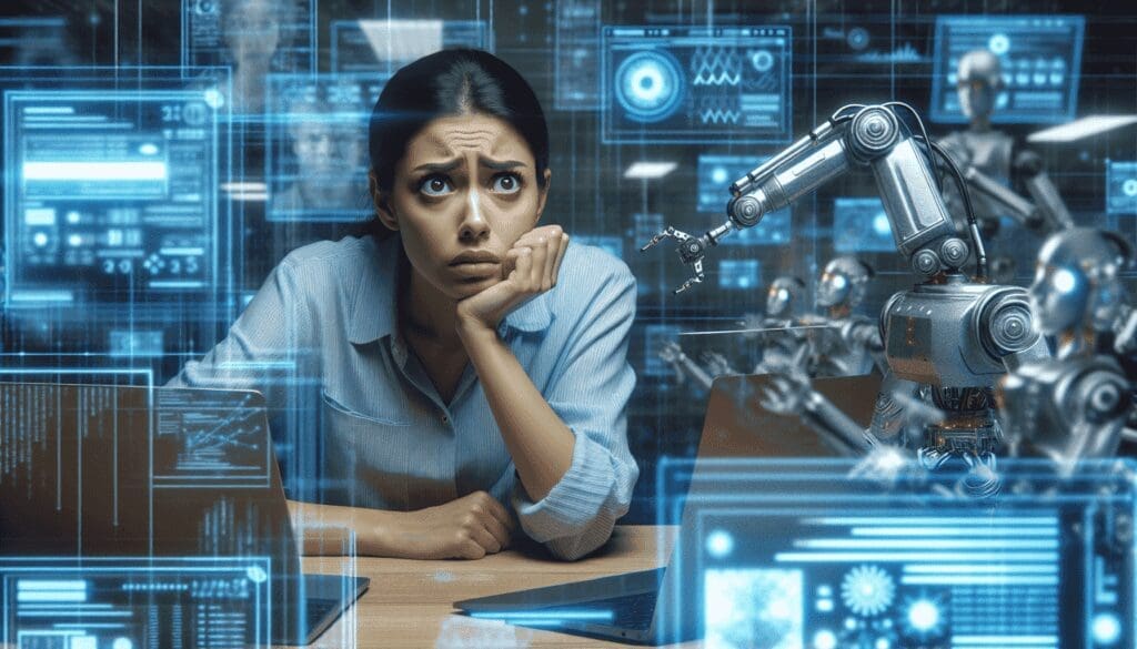 Une femme hispanique anxieuse est assise à un bureau de travail, les sourcils froncés par l'inquiétude. Elle est entourée d'une multitude de robots high-tech et de systèmes informatiques complexes affichant divers graphiques de données et algorithmes. Cette scène illustre l'appréhension croissante face au déplacement des emplois en raison des avancées technologiques et de l'automatisation. - AUTOMATISATION