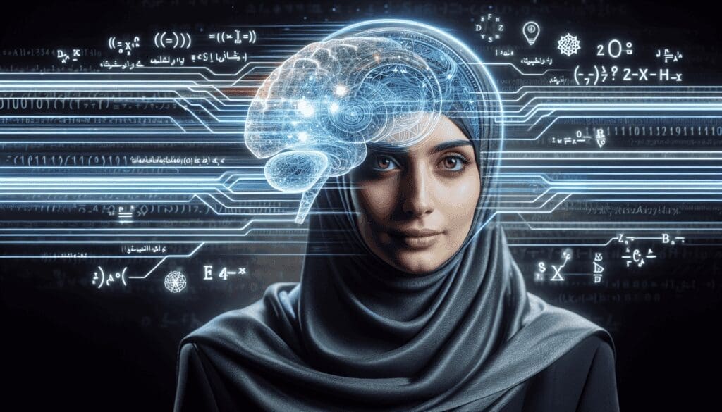 Une femme du Moyen-Orient portant un amplificateur de neurones moderniste sur la tête, entourée de tourbillons de données numériques et de symboles de code qui tourbillonnent autour d'elle. Cela signifie le concept de l'amélioration cérébrale dans le futur et le risque potentiel pour la vie privée personnelle. Le design de la technologie représente une fusion entre l'avancement scientifique et la sophistication cybernétique, avec des lueurs subtiles pour suggérer sa nature électronique. Les caractères et symboles dans les flux de données représentent différentes langues et opérations mathématiques, affirmant la notion de connectivité universelle et de décryptage complet. - AUTOMATISATION