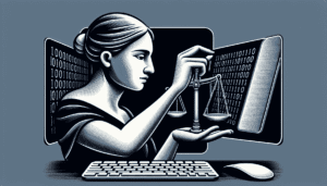 Une image détaillée d'une juge, femme caucasienne, tenant une balance équilibrée dans une main, symbolisant la justice. De l'autre main, elle examine attentivement la balance. À côté d'elle, un ordinateur de bureau moderne et élégant affiche du code binaire sur son écran, représentant la numérisation de la loi et de l'ordre. Le style de l'image doit être simple, clair et net, illustrant la clarté et la précision de la loi. - Automatisation