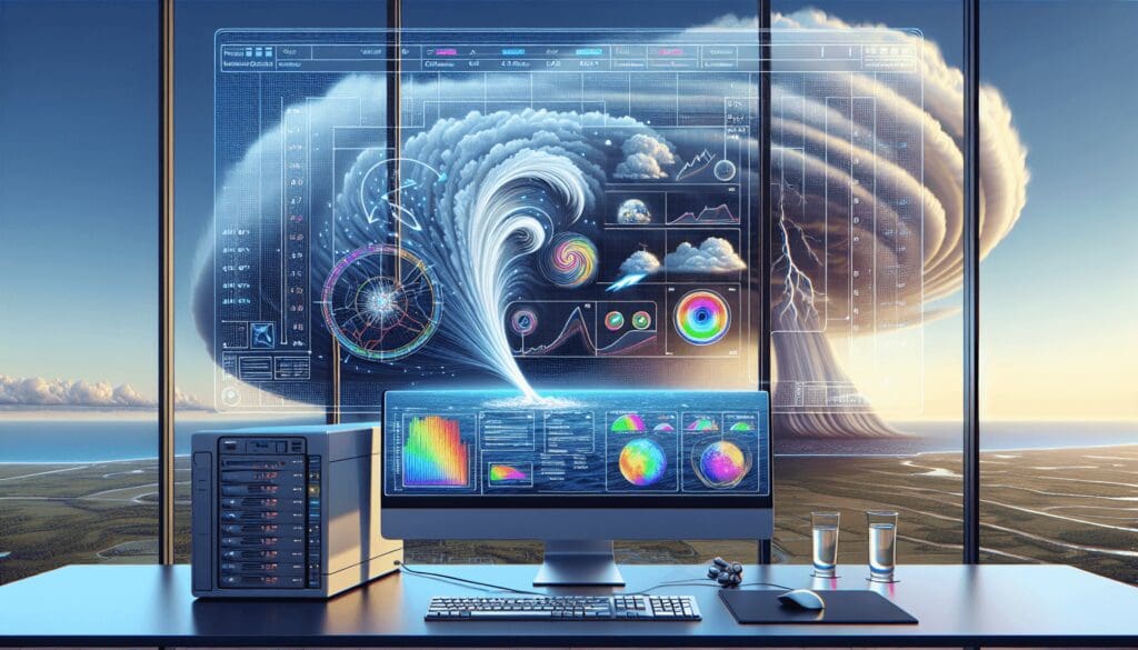 Imaginez une simple illustration de technologie sophistiquée en action. Un ordinateur élégant avec des écrans holographiques se trouve au premier plan, occupé à prédire des modèles météorologiques complexes. Le graphique visuel à l'écran présente une tempête imminente, détaillant de manière complexe les nuages tourbillonnants, les positions des éclairs et les précipitations attendues. En arrière-plan, visualisez une tempête amplifiée par la réalité ; une fusion cyclonique de tonnerre, d'éclairs et de fortes pluies, montrant la puissance de la nature. Le contraste entre l'environnement intérieur calme avec l'ordinateur haute technologie et la tempête sauvage et incontrôlée à l'extérieur ajoute une juxtaposition fascinante à la scène. - Automatisation