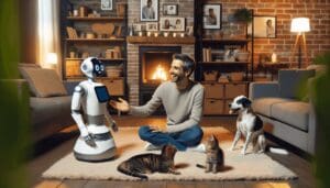 Un robot amical au design élégant et moderne interagit avec un homme caucasien joyeux dans un salon confortable et douillet. Sur un tapis moelleux près de la cheminée, un chat tigré et un chien tacheté observent l'interaction avec des yeux curieux. La pièce est éclairée chaleureusement, ajoutant une ambiance accueillante à la scène. En arrière-plan, on peut voir des canapés confortables, une étagère remplie de livres, une cheminée crépitante et des photos de famille sur les murs. - AUTOMATISATION