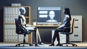 Un robot sans émotion et une femme humaine sud-asiatique préoccupée se font face dans un cadre de bureau simple. Entre eux se trouve un écran d'ordinateur affichant une interface de chatbot. Le robot est conçu avec une esthétique futuriste, offrant un contraste frappant avec la tenue traditionnelle de la femme. Le cadre du bureau est basique mais fonctionnel, avec un bureau, une chaise pivotante, des classeurs et une petite plante en pot. L'éclairage est doux, reflétant le sérieux du moment. - AUTOMATISATION