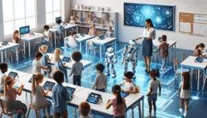 Une salle de classe lumineuse, moderne et futuriste remplie d'enfants de diverses origines telles qu'asiatique, noire, blanche et moyen-orientale. Les enfants interagissent de manière engageante avec des robots amicaux et sophistiqués, apprenant et explorant. Dans la scène, on observe une enseignante hispanique, gardant un œil attentif et bienveillant sur le déroulement des activités. La disposition met en avant la fusion de la technologie et de l'éducation, avec des tablettes d'apprentissage électronique sur les bureaux, des tableaux blancs interactifs et des projections holographiques de contenu éducatif. - AUTOMATISATION