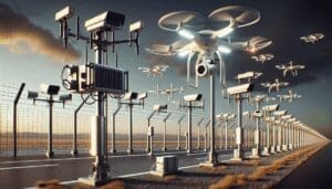 Une scène détaillée décrivant l'utilisation de la technologie moderne pour la surveillance des frontières. Cela inclut des drones se déplaçant dans le ciel avec des hélices et des caméras visibles, des caméras fixes sécurisées sur de hauts poteaux avec des capacités infrarouges pour la vision nocturne et la détection de mouvement, installées à la lisière d'une vaste zone ouverte suggérant une frontière nationale. La scène est destinée à transmettre la présence d'équipements de surveillance autonomes, sans aucune activité humaine spécifique ou scène de migration. Une attention particulière doit être portée à refléter la nature complexe et haute technologie de ces dispositifs. - AUTOMATISATION