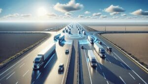 Une image représentant une scène moderne sur une autoroute. Un convoi de camions sans conducteur se déplaçant en synchronisation sur plusieurs voies, illustrant une vision de l'avenir de la logistique. Le ciel est dégagé avec seulement quelques nuages épars, projetant une lumière claire et brillante sur la scène. La circulation sur la route est légère, avec quelques véhicules civils maintenant une distance de sécurité par rapport aux camions. Autour de l'autoroute, des champs plats et ouverts s'étendent à perte de vue. L'image capture un sentiment de calme, de progrès en mouvement et d'un avenir technologique avancé. - Automatisation