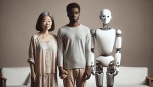 Une femme est-asiatique d'âge moyen tenant la main d'un jeune homme africain. À leurs côtés se trouve non pas un humain, mais un robot moderne et autonome. La machine sans pilote a une structure humanoïde mais est faite de matériaux métalliques élégants. Elle est positionnée à une petite distance derrière le couple, observant. L'ambiance est neutre, ni résolument futuriste ni nostalgique du vieux monde, offrant plutôt un aperçu intéressant de la cohabitation entre humains et robots dans le monde d'aujourd'hui. - Automatisation