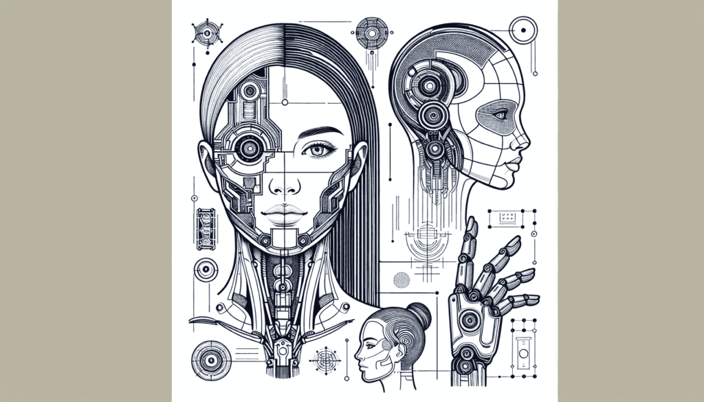 Dépeignez une illustration détaillée d'un humain avec diverses améliorations robotiques - l'image doit être simple et claire. La partie humaine de ce cyber-humain est une femme blanche avec de longs cheveux lisses. Les améliorations robotiques doivent paraître futuristes, élégantes et avancées. Les parties robotiques coexistent harmonieusement avec les parties humaines, illustrant visuellement une relation symbiotique entre l'humain et la technologie. - Automatisation