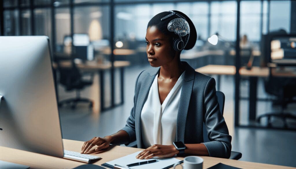 Dépeignez une femme afro-américaine équipée d'un implant cérébral moderne et avancé, concentrée sur son travail à un bureau spacieux rempli d'outils de bureau, dans un environnement de bureau bien éclairé et professionnel. La tenue de la femme est formelle et elle semble profondément absorbée par son travail. L'implant cérébral est visible mais discret, signalant subtilement son accès à une technologie de pointe. - Automatisation