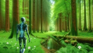 Dépeignez une scène dans une forêt vert émeraude, abondante en arbres hauts et en végétation luxuriante. Au milieu de cette scène paisible, visualisez un personnage humain avec des améliorations robotiques de haute technologie. Celles-ci pourraient inclure un bras mécanique, des yeux de type cyborg ou une jambe métallique. L'humain est un homme caucasien, explorant la splendeur de la forêt avec un sentiment d'émerveillement et de curiosité. L'interaction délicate entre la nature et la technologie doit être le thème central. - Automatisation