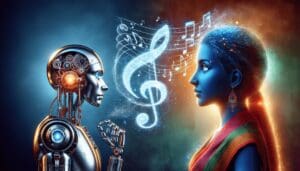 Une image présentant l'harmonie entre la créativité et la technologie, représentée par le symbolisme d'une seule note de musique élégante et argentée. À proximité, une entité robotique avec des articulations et des engrenages visibles, émettant une lueur froide et métallique, illustre l'aspect technologique. À côté du robot se tient une figure humaine. L'humain est une femme sud-asiatique, vêtue de couleurs vives, ses yeux scintillant de génie créatif. Ils font tous deux face à la note de musique, démontrant une compréhension et une coopération mutuelles, mettant en valeur la conjonction de la créativité et de la technologie. - Automatisation