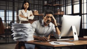 Un homme hispanique d'âge moyen est assis sur une chaise devant un bureau, submergé par des piles de papiers, l'air stressé. Son regard est fixé sur l'écran de l'ordinateur, les sourcils froncés de frustration. Derrière lui, une jeune patronne sud-asiatique, représentée comme une figure d'autorité, observe sa performance avec une expression sévère. Le cadre est un espace de bureau contemporain bien éclairé, meublé avec des équipements modernes. - Automatisation